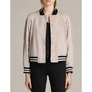 All Saints XS Gresley Suede Satin Bomber Button Up Jacket Pockets Pink/Brown